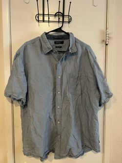 Nautica Button Down Mens Shirt XL Bolt Blue Classic Fit SS Pocket 55% Ramie 45% Cotton 