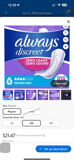 New Always Discreet Incontinence Pads, Moderate Absorbency, Regular Length, 108 CT