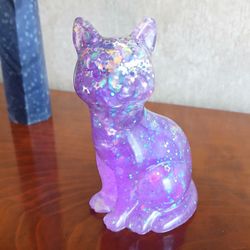 Purple galaxy resin cat figurine with iridescent and holographic star glitter
