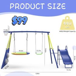 😀 Swing Sets for Backyard with Kids Slide Outdoor Heavy-Duty Metal Playset for Kids  5 in 1 Swing Set with Slide, Saucer Seat, Belt Seat