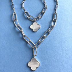 2pc Necklace + Bracelet Set- Silver Cable/Paperclip w/ Mother Of Pearl Quatrefoil  Dangling *Ship Nationwide Or Pickup Boca Raton 