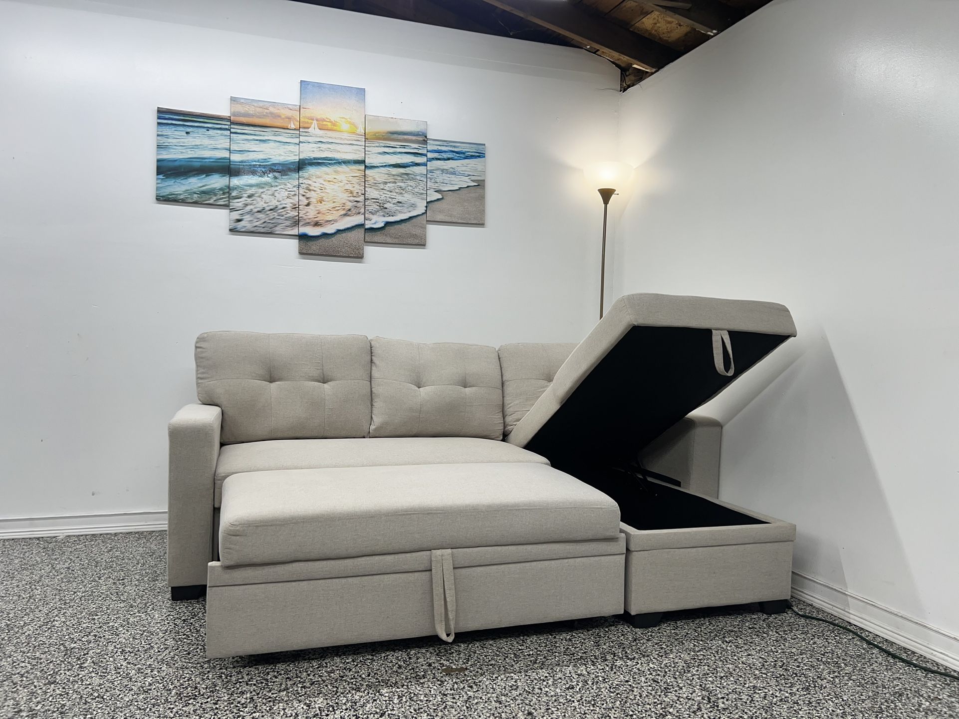 Delivery Available •Beige Sleeper Sectional Couch Sofa