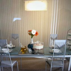 Heavy Made In Italy Modern Frosted Glass Dining Table And Chairs, Expandable To 8 Seater (middle Elevated A Silver Platform )