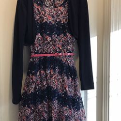 Blue Lined Lace Dress w/ small pink flowers 