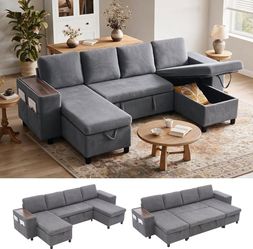 112.2 Inch Sectional Sofa with Storage Chaise, Pull Out Sleeper Bed and Tray,Grey