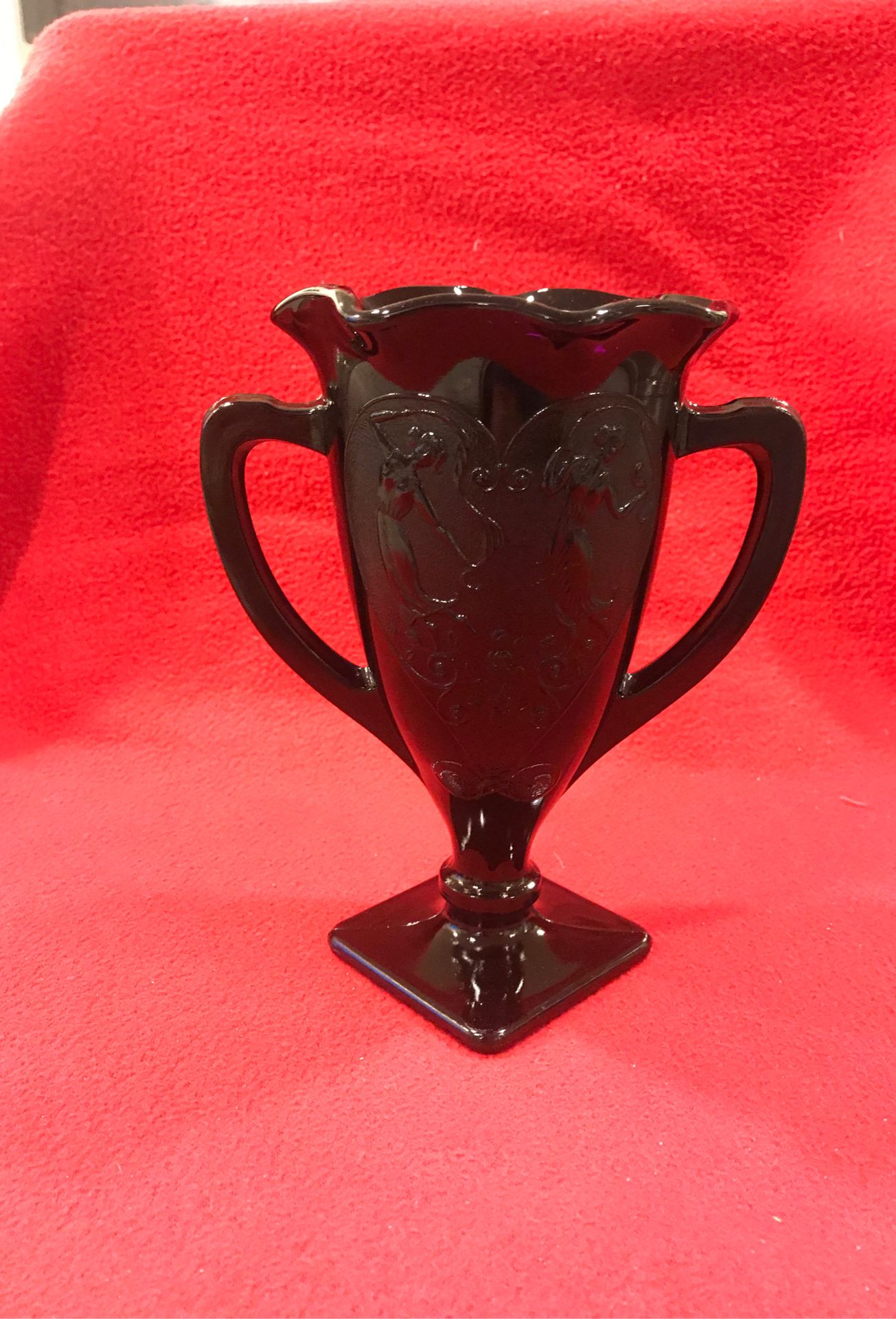 L.E. Smith Black Amethyst Dancing Nymphs Glass Vase Art-Deco 1930s Vintage