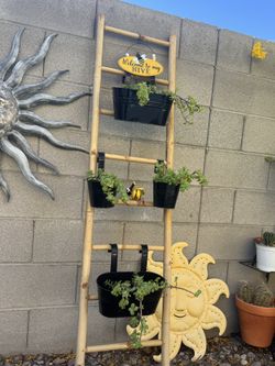 "Rustic Bamboo Ladder Planter w/ Succulents + Bee Decor - Ready for Patio"