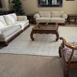 Elegant Solid Wood Living Room Set – 2 Sofas + 3 Tables (Like New)