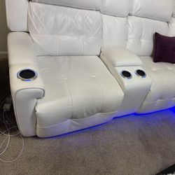 Luxury White Leather Sectional – Recliner + LED – Like New!