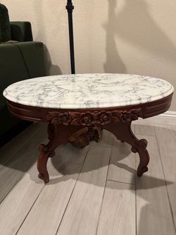 Victorian-Style Oval Marble-Top Table with Carved Roses