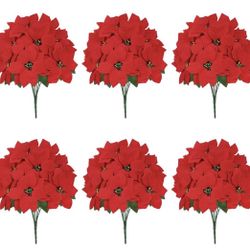 6 Pack Christmas Artificial Poinsettias Bouquet 7 Heads 17.7" Velvet Poinsettia Bushes, Faux Poinsettia Plant, Christmas Flowers for Home Porch Garden