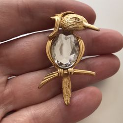 Vintage Gold Tone Crystal Rhinestone Eye Bird Brooch 