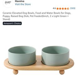 Like New Elevated Ceramic Pet Bowls On Wood Riser - See Photos For Product Details.