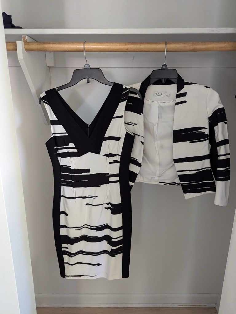 Women's Black/White Iris Sleeveless Knee Length Dress - Matching Cardigan Size 2