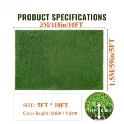 5ft x 10ft Premium Artificial Turf Mat with Drainage Holes. Thick Fake Grass with Rubber Backing, Ideal for Indoor/Outdoor Pet Areas, Garden, Lawn, Pa