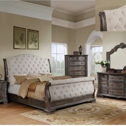 Queen Bedroom Set, Dresser, Mirror, Chest, And Nightstand, 