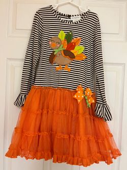 Girls' Black & White Striped Turkey Dress with Orange Tulle Skirt Emily Rose Thanksgiving Sz8