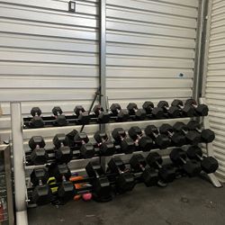 New pair of 10,15,20,25,30,35,40,45,50,55, 60,70,80,90lb Rubber Hex Dumbbell Set with Rack $1725