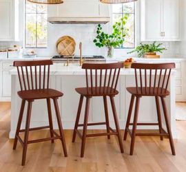 Bar Stools Set of 3, 26 Inch Counter Height Barstools Wooden Barstools with Spindle Back/Bigger Seat for Kitchen Island/Breakfast Bar/Home Pub