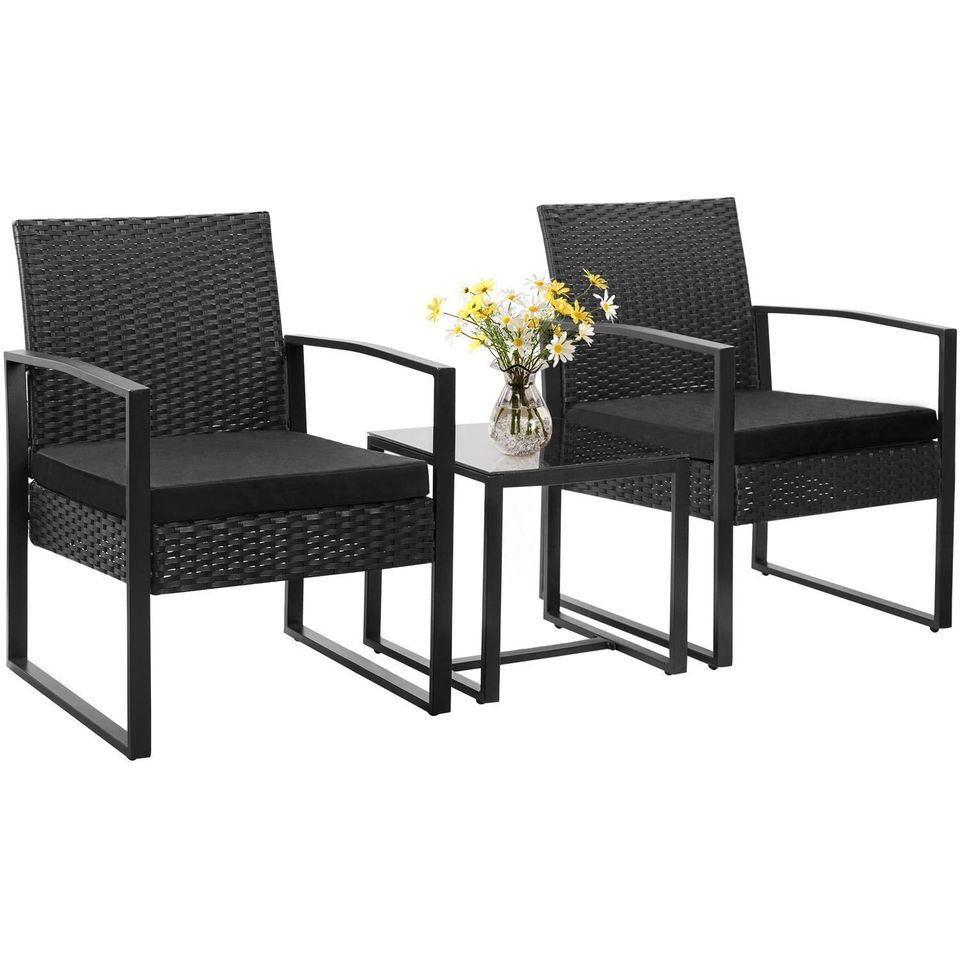 Outdoor Patio Chairs Table Cushioned Seats Bistro Style Black Outdoor Use Pool Balcony