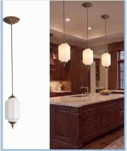 R4) Milk Glass Pendant Light, Vintage Brass Hanging Lamp for Kitchen 5.5"Glass Shade, 3-Color LED Bulb, 0~64"Adjustable Height,Farmhouse milk glass pe