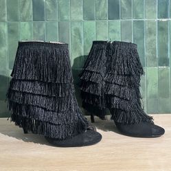 Size 7.5 Black Fringe Bootie Heels