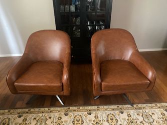 Pair of Brown Leather Accent Chairs with Metal Base