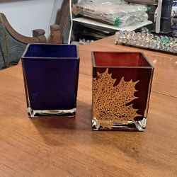 Set Of 2 Teleflora Gift Cube Vases In Lovely Amber W/Maple Leaf & Cobalt Blue 4.75"H X 4" X 4"