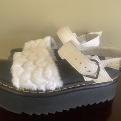 Dr. Martens White Voss Fluffy Faux Fur Platform Sandals
