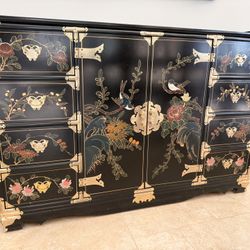 Vintage Asian Black Lacquer Cabinet Hand Painted Birds Brass Hardware 8 Drawers