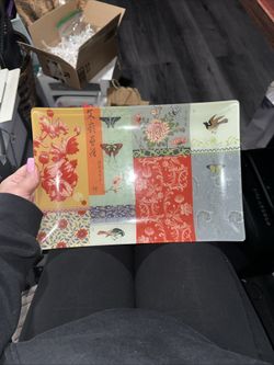 FRINGE Glass Tray Floral Birds Butterflies Multi-Color 12" Decor Price Reduced 