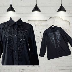 Bob Mackie NWOT Western Button Down Shirt Black Embroidered Sequins Sz L Women’s