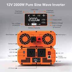 Inverter 2000w 12v Pure Sine Wave 110-120v with Remote Display and USB Ports
