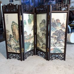Vintage Mini Folding Screen Hand Painted Panels 4-Panel Divider 12”h X 15”L