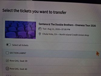 TWO  2  Santana and Doobie Brothers Tickets. Chula Vista Tomorrow Aug 11