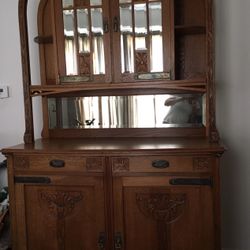 Antique Belgian Art Nouveau Quarter Sawn Oak Hutch Cupboard Cabinet