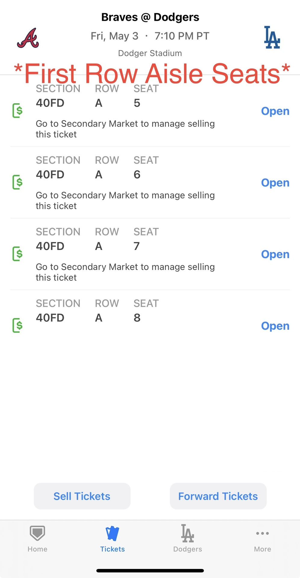 5/3 Dodgers Vs Braves (Avoid 20% StubHub Fees)