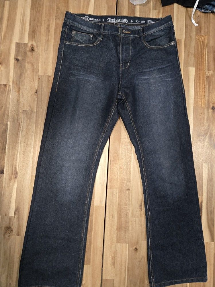 Departed Mens Dark Blue Stone Washed Jeans 34 Baggy Relaxed Bootcut