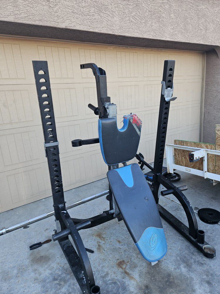 WEIGHT BENCH AND SQUAT RACK AND WEIGHTS 