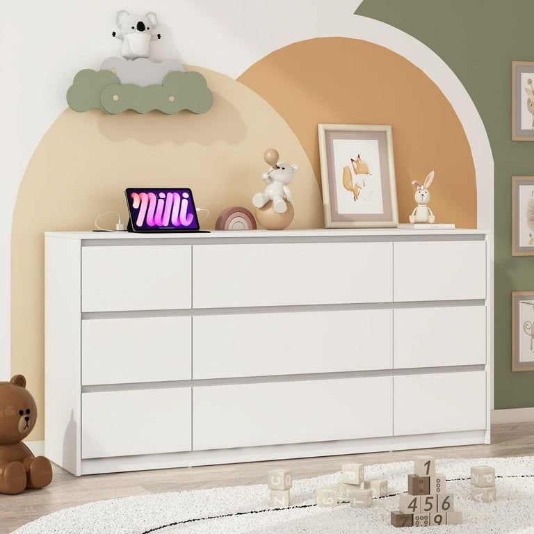 Modern White Dresser for Bedroom, 63 Inch Long 9 Drawers Dresser with Charging Station, Modern Large Wood Chest of Drawers Handle Free for Bedroom, Li