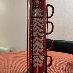Rae Dunn Christmas Set of Four Stacking Coffee Mugs with Metal Rack