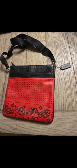 Authentic Coach Charles Red Black Bandana Print Leather Sport Calf Crossbody Bag