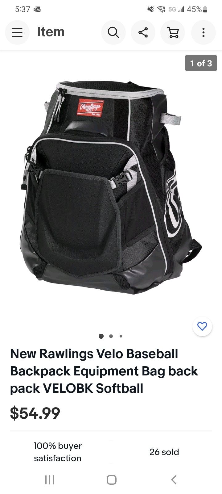 Rawlings Black Baseball/Softball Backpack   NEW 