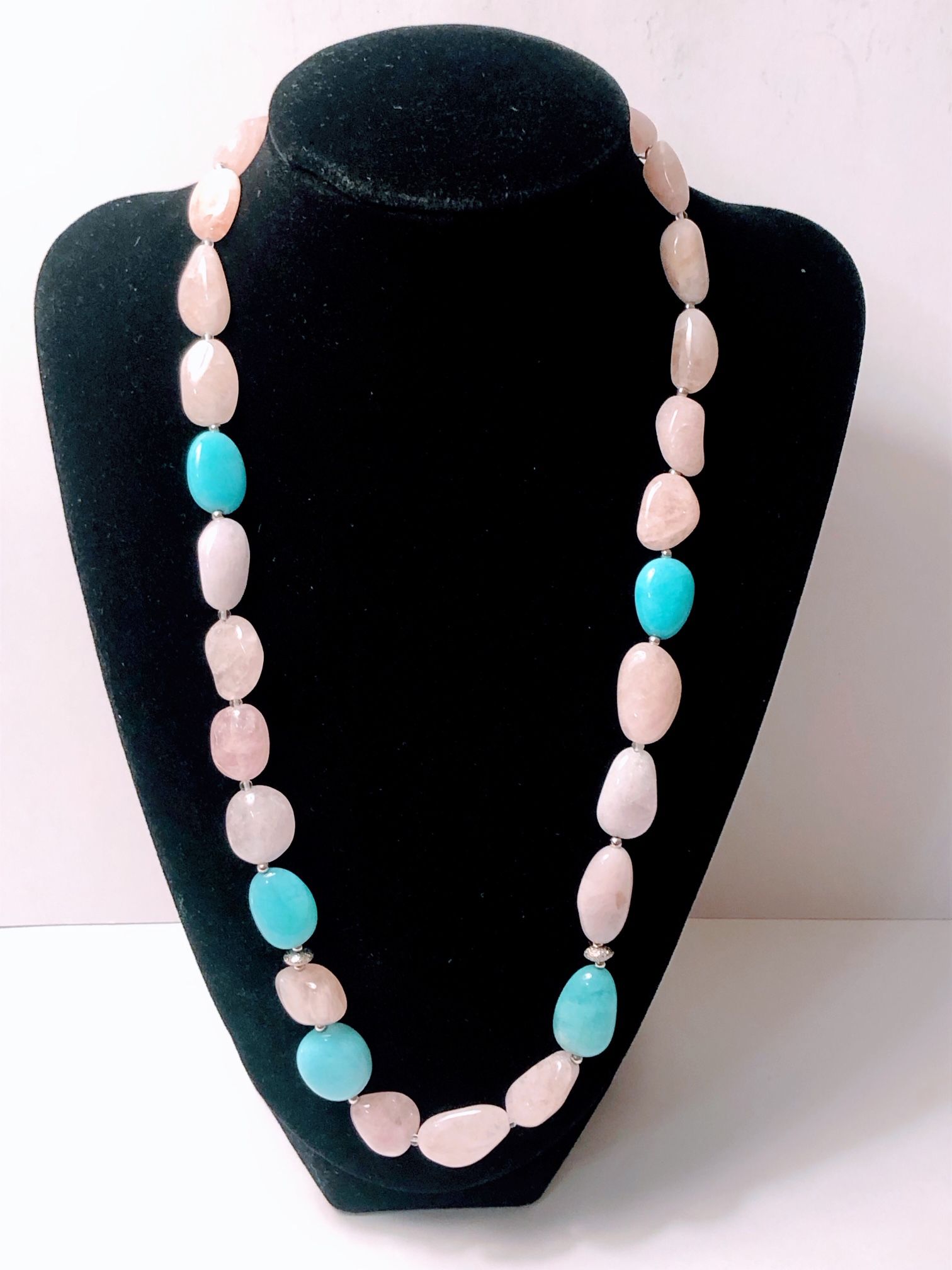 Morganite and Amazonite Sterling  Silver 21” Long Necklace