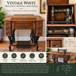 Vintage White Treadle Sewing Machine with Ornate Wood Cabinet
