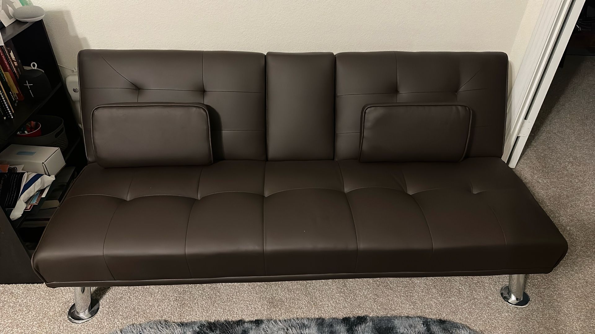 Flamaker Futon Sofa Bed Modern Folding Futon Set Convertible Recliner Lounge for Living Room with 2 Cup Holders, Removable Armrests (PU Leather, Brown