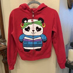 Adorable Panda Red Graphic Hoodie Zipped Jacket Size Small