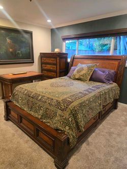 Luxury Burl Wood and Leather Sleigh Bed