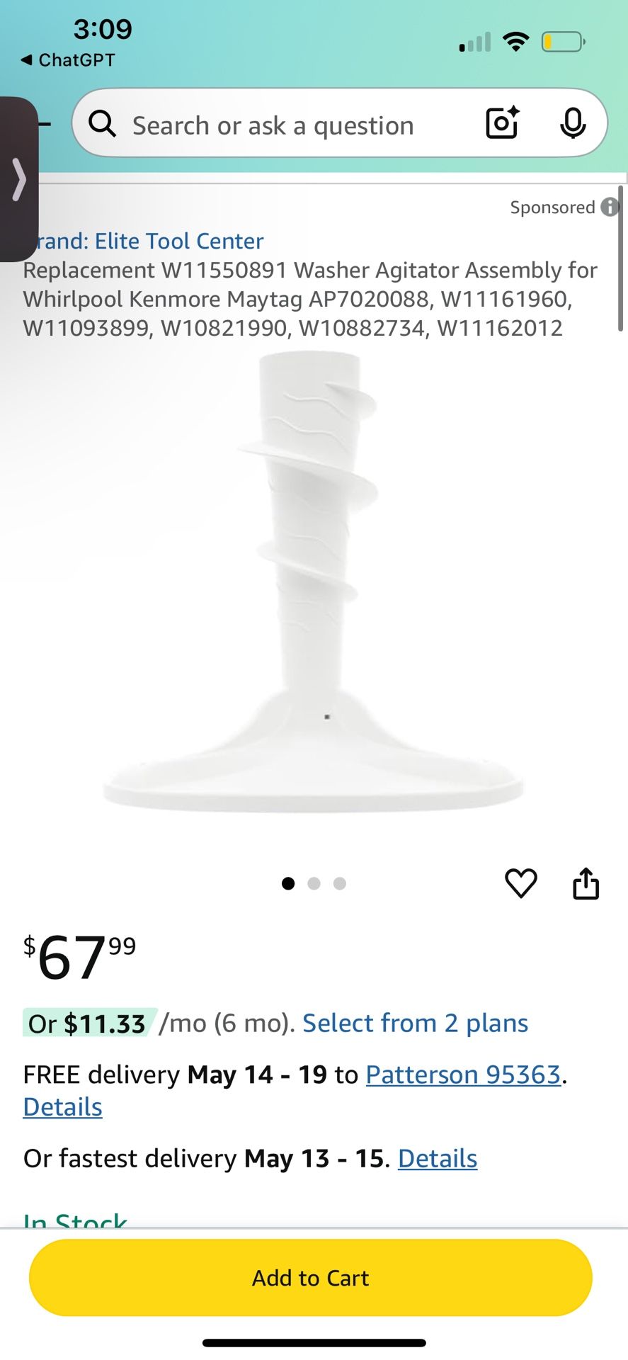 Whirlpool/Maytag washer agitator