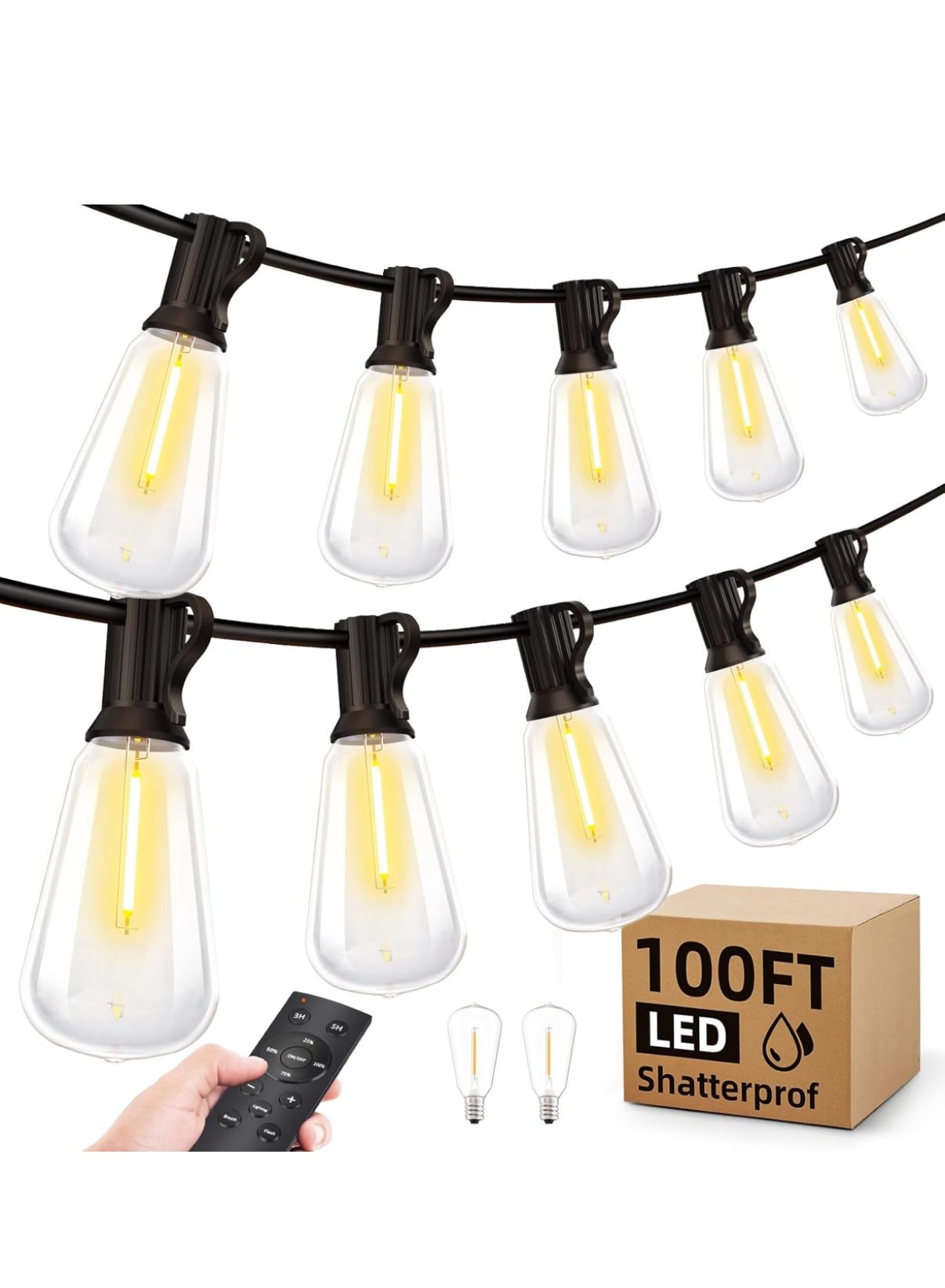 Outdoor String Led Patio Lights - 100Ft 30M Outside Waterproof Light With Remote Dimmable ST38 Shatterproof Bulb Connectable Hanging Outdoor Electric